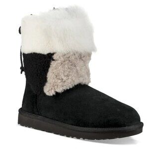 NWOT UGG Patchwork Fluff Classic Short Bootie in Black Suede with Cream and Gray